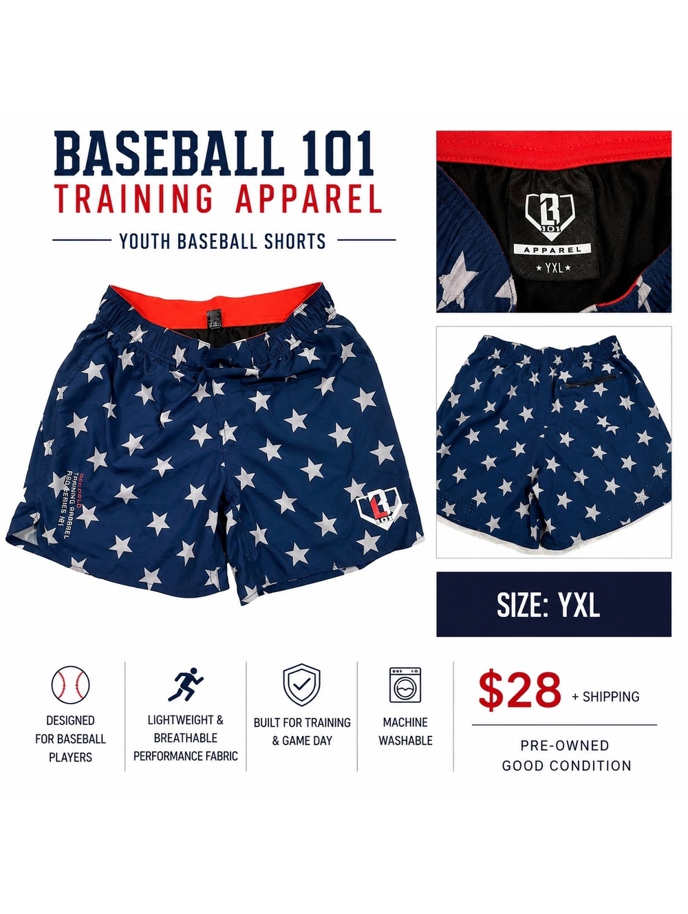 Baseball 101 Training Apparel youth baseball shorts, size YXL